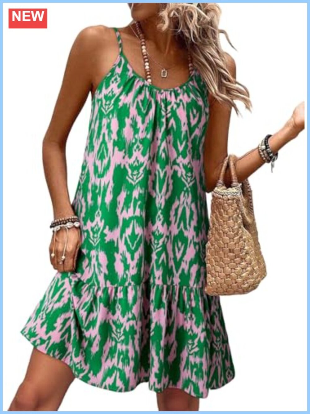 Women's Floral Boho Mini Dress Spaghetti Strap V-Neck Sleeveless Smocked Ruffle
